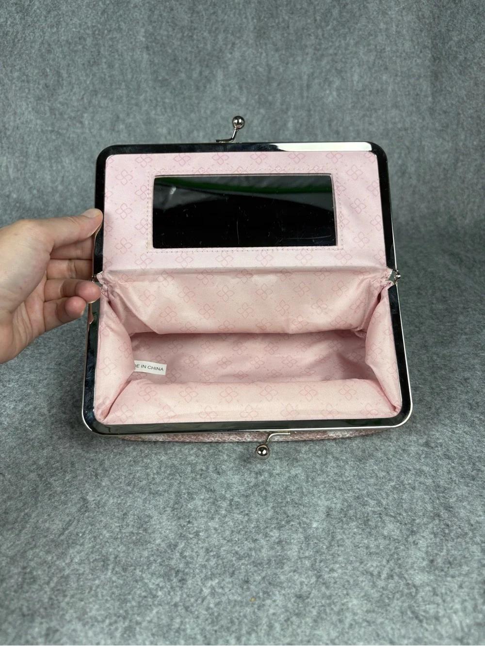 Pink Metallic Snakeskin Kiss Lock Clutch Purse With Mirror
